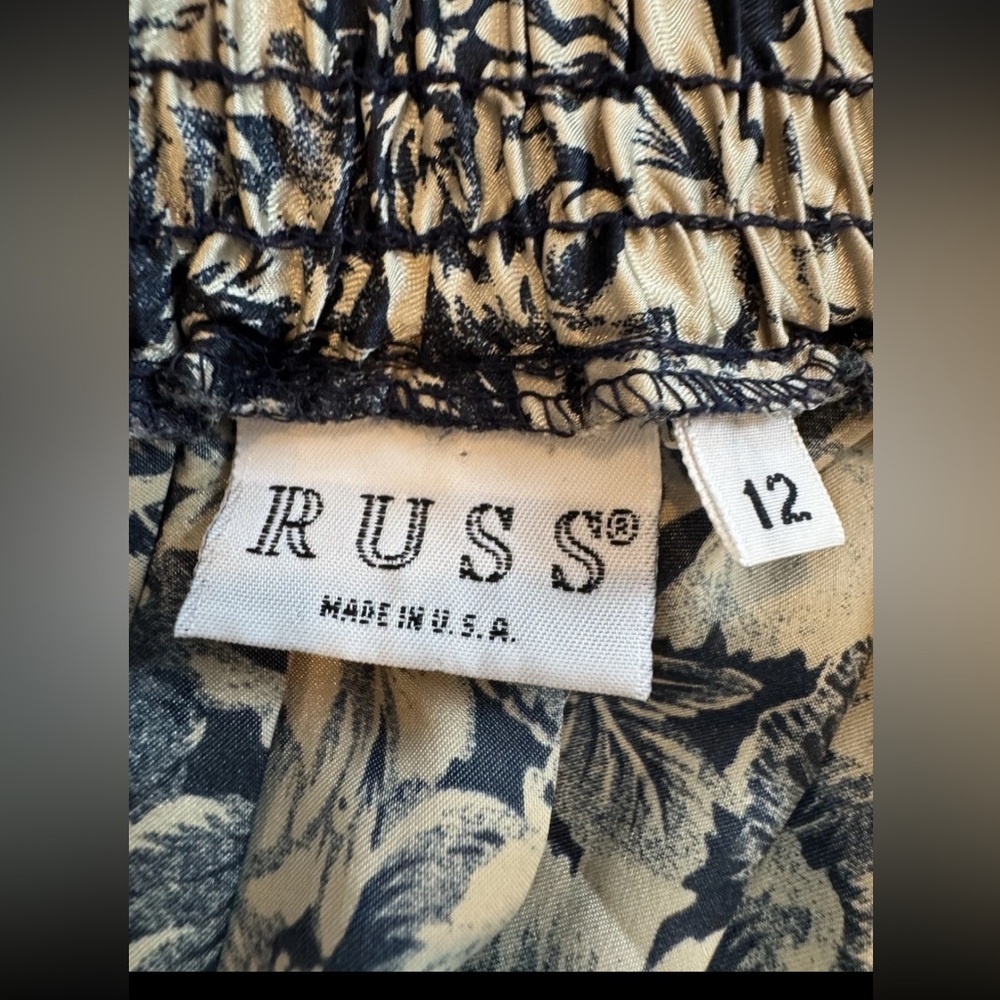 Vintage 80s Russ Dark Navy Cream Floral Blouse Pleated Skirt Set Size 12 - Picture 7 of 9